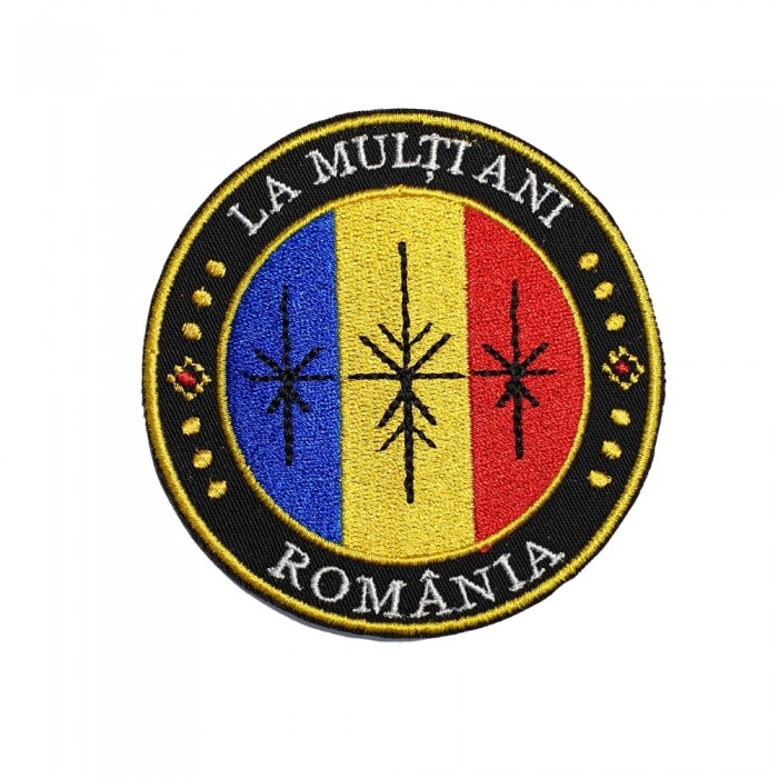 Emblema brodată La Mulți Ani România - Drapel Național, 7,5 cm diametru, aplicare Velcro