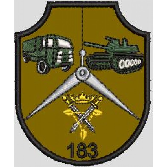 Emblema brodată Centrul 183 Mentenanță - Dimensiuni 80x65 mm, suport culoare khaki, prindere scai